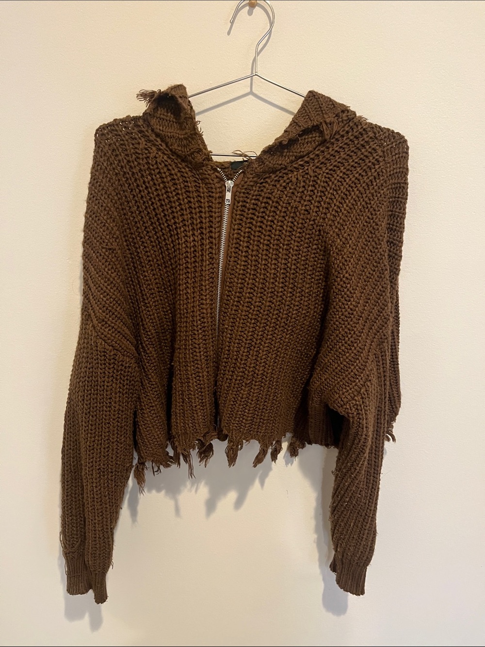 Forever 21 Brown Distressed Hooded Zip Cardigan